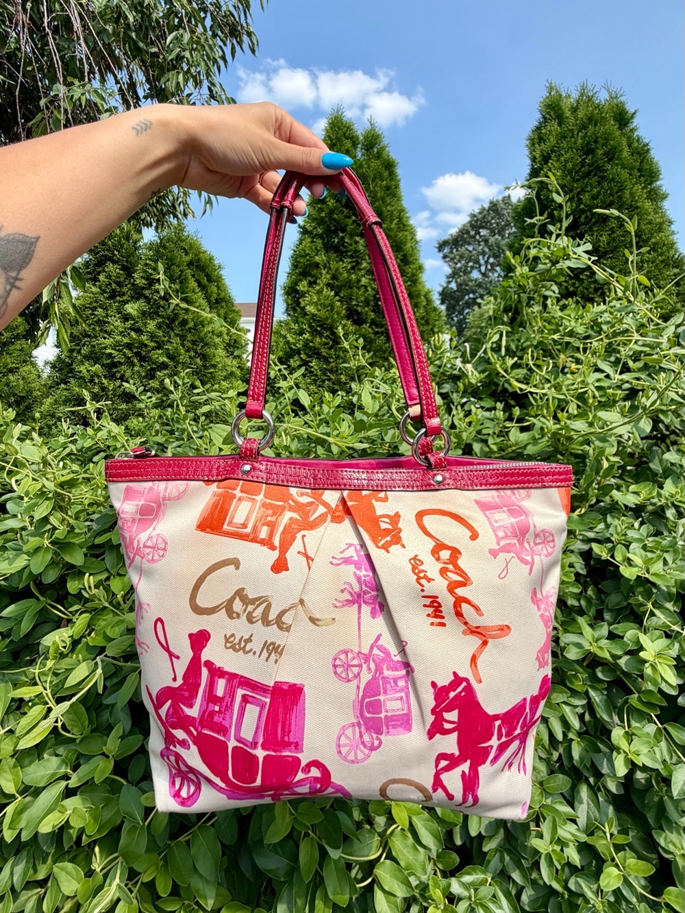 Vintage Coach Horse & Carriage Multicolor Canvas Tote Bag Y2K Shoulder Purse